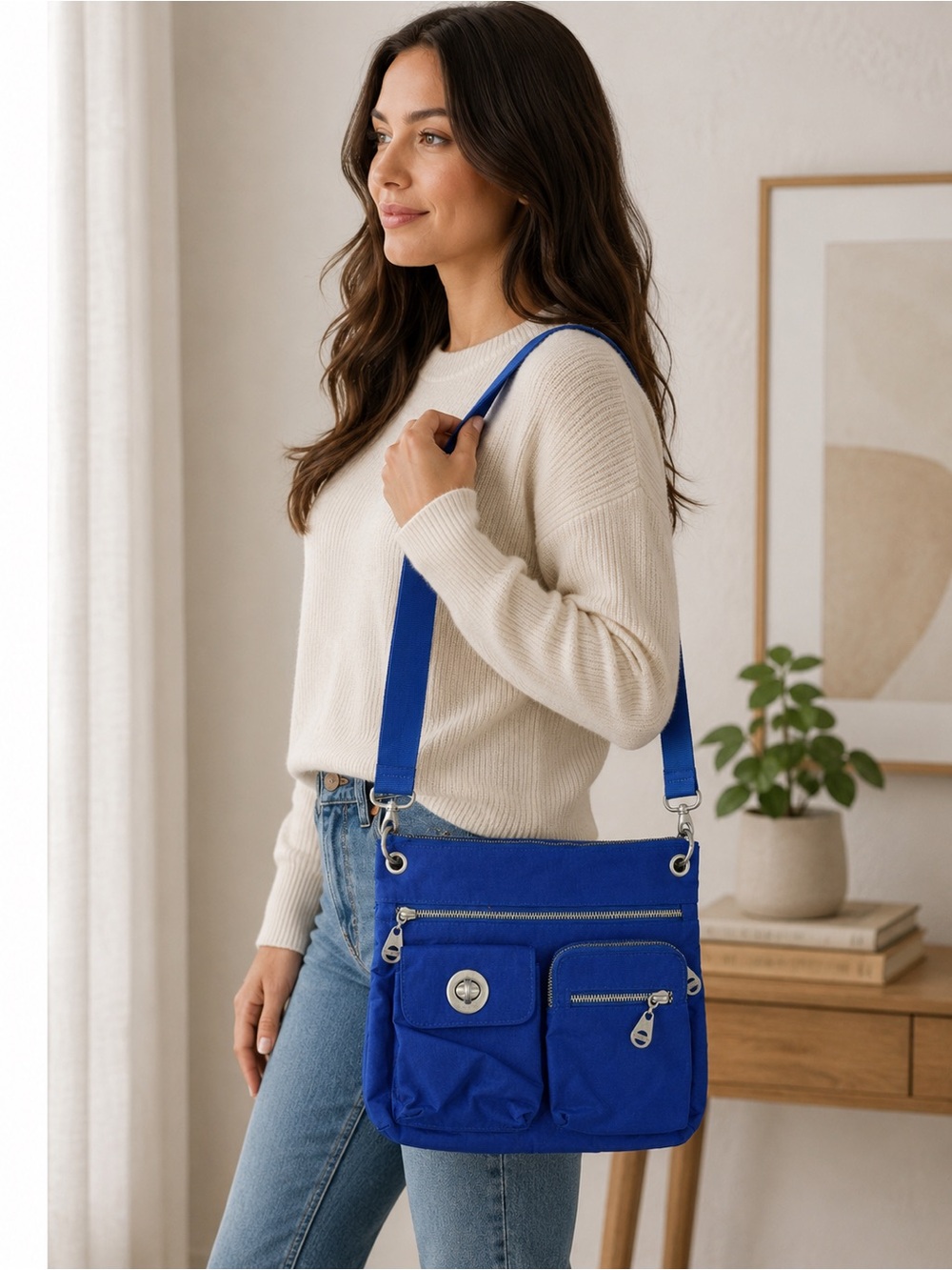 Baggallini Cobalt Blue Crossbody Travel Bag Nylon Multi Pocket Purse